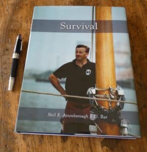 The dust jacket of a hardback book entitled 'Survivor', written by Neil R. Attenborough. The image is of a man standing on the deck of a boat.