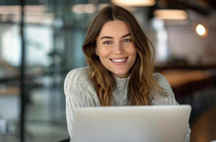 A smiling female project manager working on a laptop.